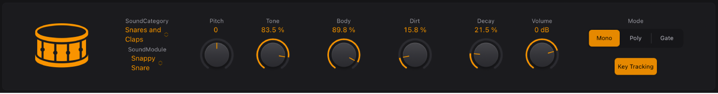 Figure. Drum Synth interface showing a snare drum sound and associated parameters.