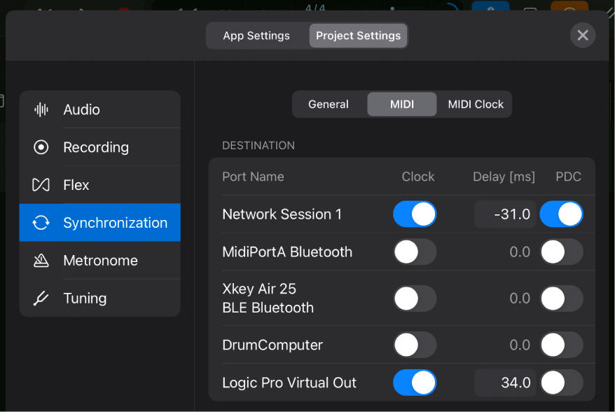 MIDI Synchronization project settings.