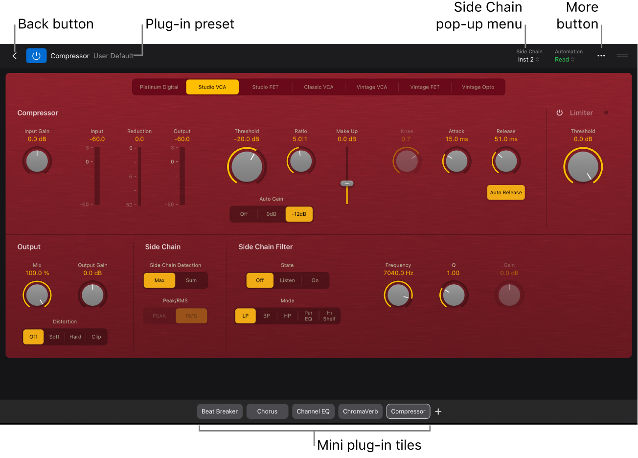 Figure. Compressor plug-in open in Details view, showing the Close button, plug-in preset menu, Side Chain pop-up menu, and mini plug-in tiles.