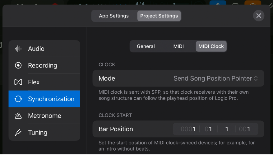 MIDI Clock Synchronization project settings.