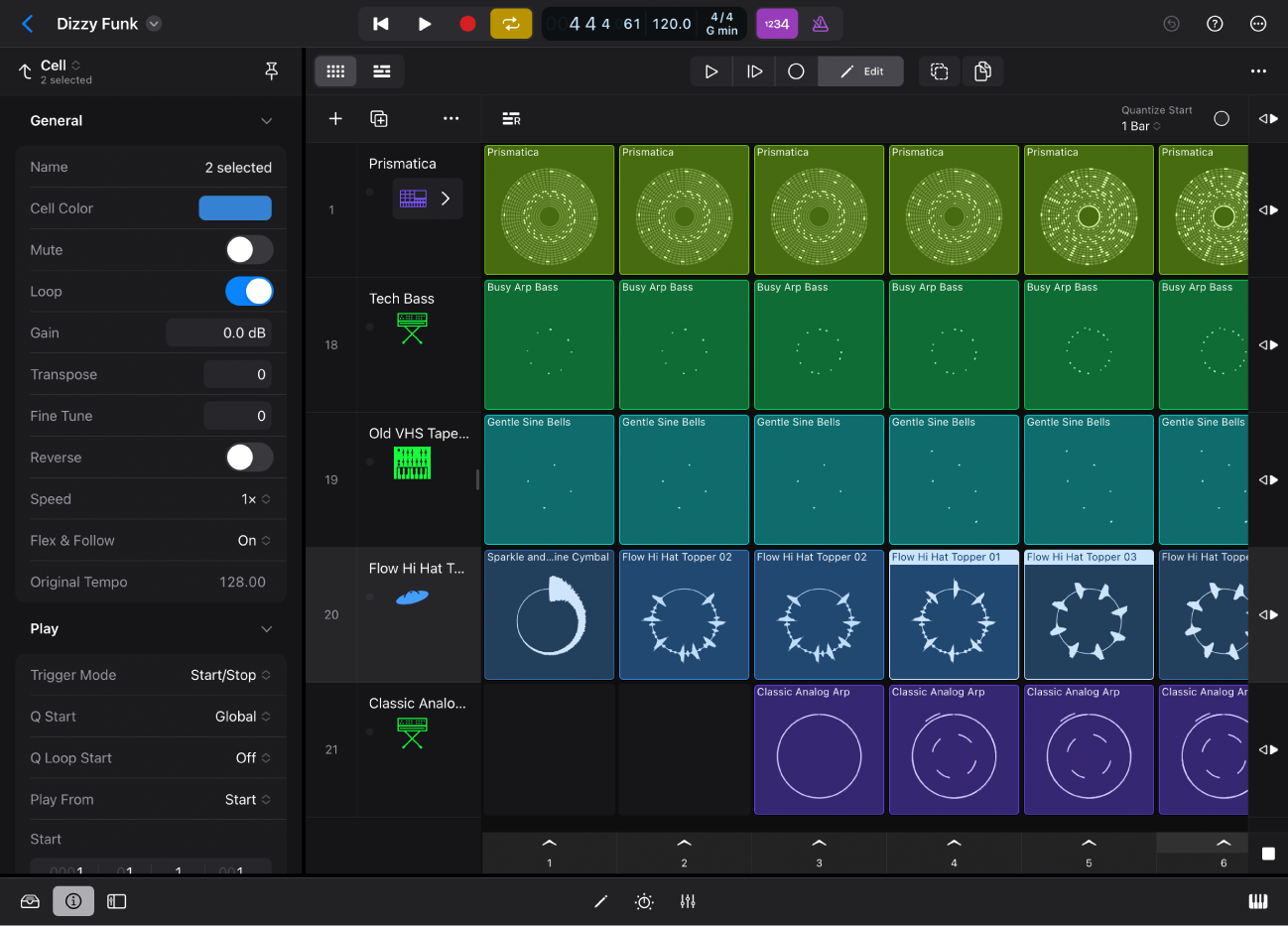 Figure. Cell Edit mode in Live Loops with the Cell inspector open.