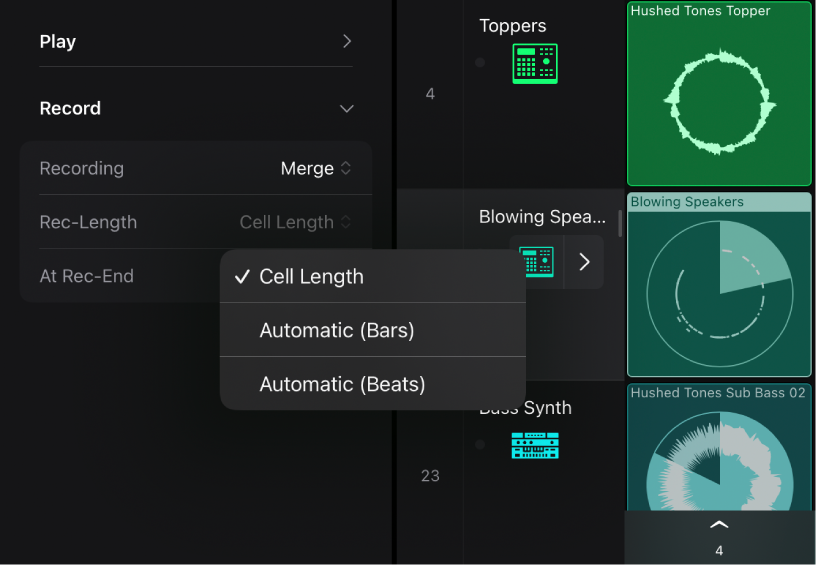Figure. Rec-Length settings pop-up menu in the Cell inspector.