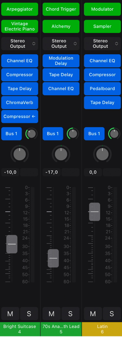Figure. Channel strips showing MIDI effect, instrument, and audio effect plug-ins.