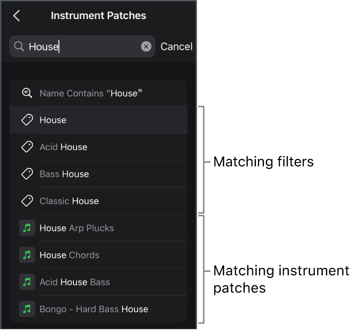 Figure. Suggested search results for the keyword “House” in the Instrument Patches view of the Browser.