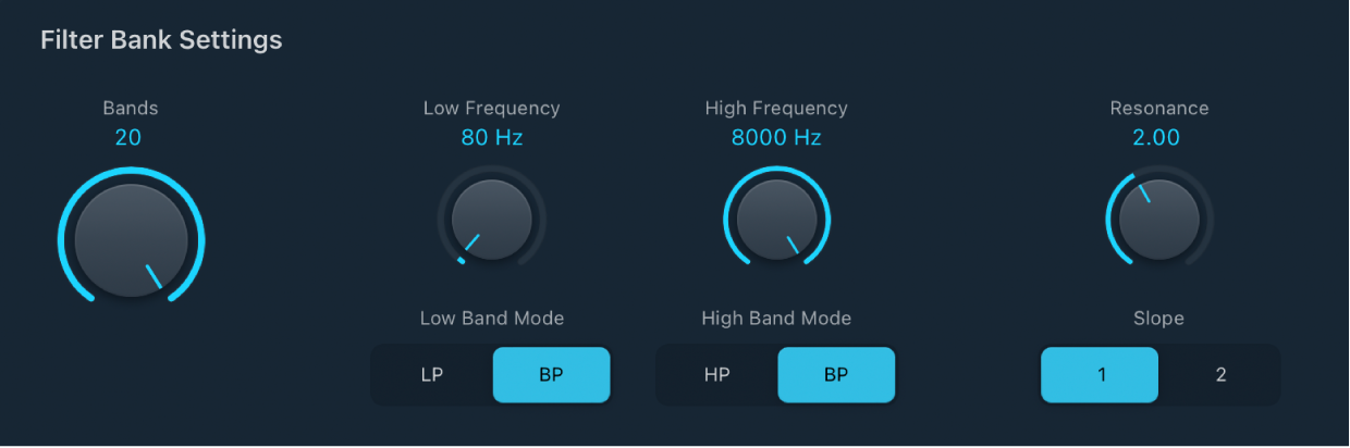 Figure. EVOC20 Filterbank Filter Bank Settings parameters.