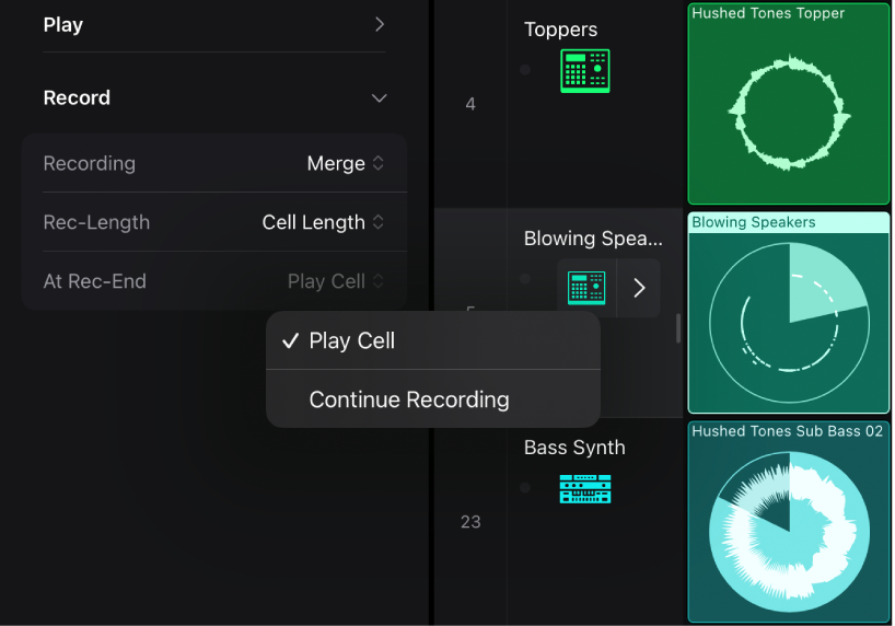 Figure. At Rec-End settings pop-up menu in the Cell inspector.