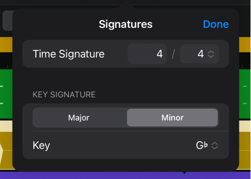 Signatures dialog showing Time Signature area with Number of Beats and Note Value controls.