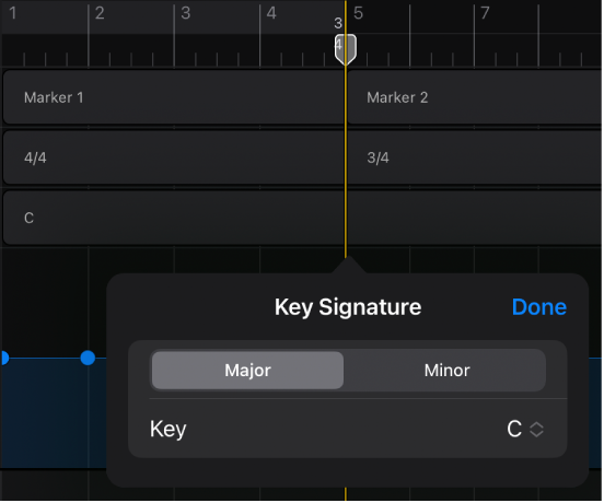 Figure. Adding and editing a key signature change.