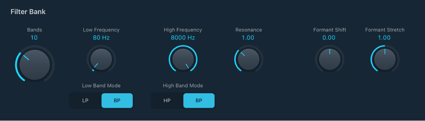 Figure. EVOC 20 TrackOscillator Filter Bank parameters.