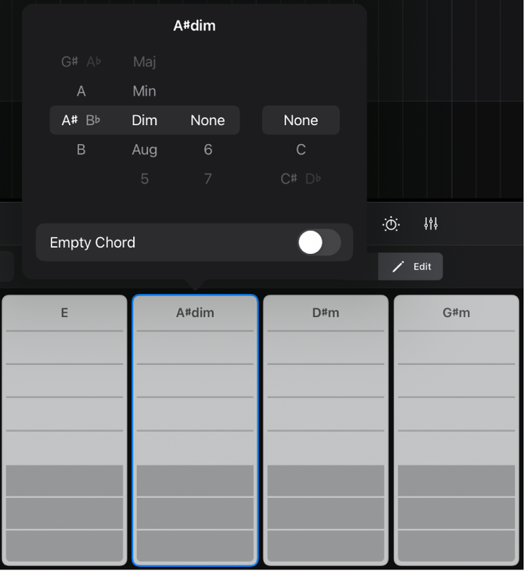 Figure. Editing chords in the Chord Strips Play Surface.