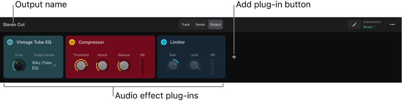 Figure. Output view of the Plug-ins area showing the output name, audio effect plug-ins, and Add Plug-in button.