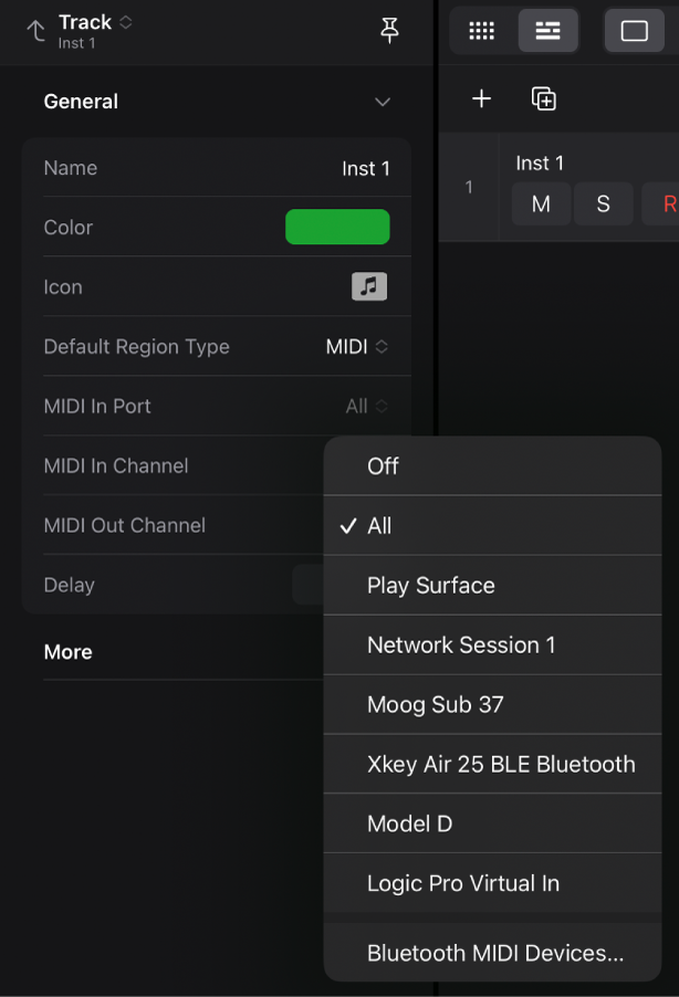 MIDI In Port pop-up menu.