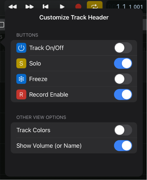 Figure. Customize Track Header window showing available buttons and other view options.