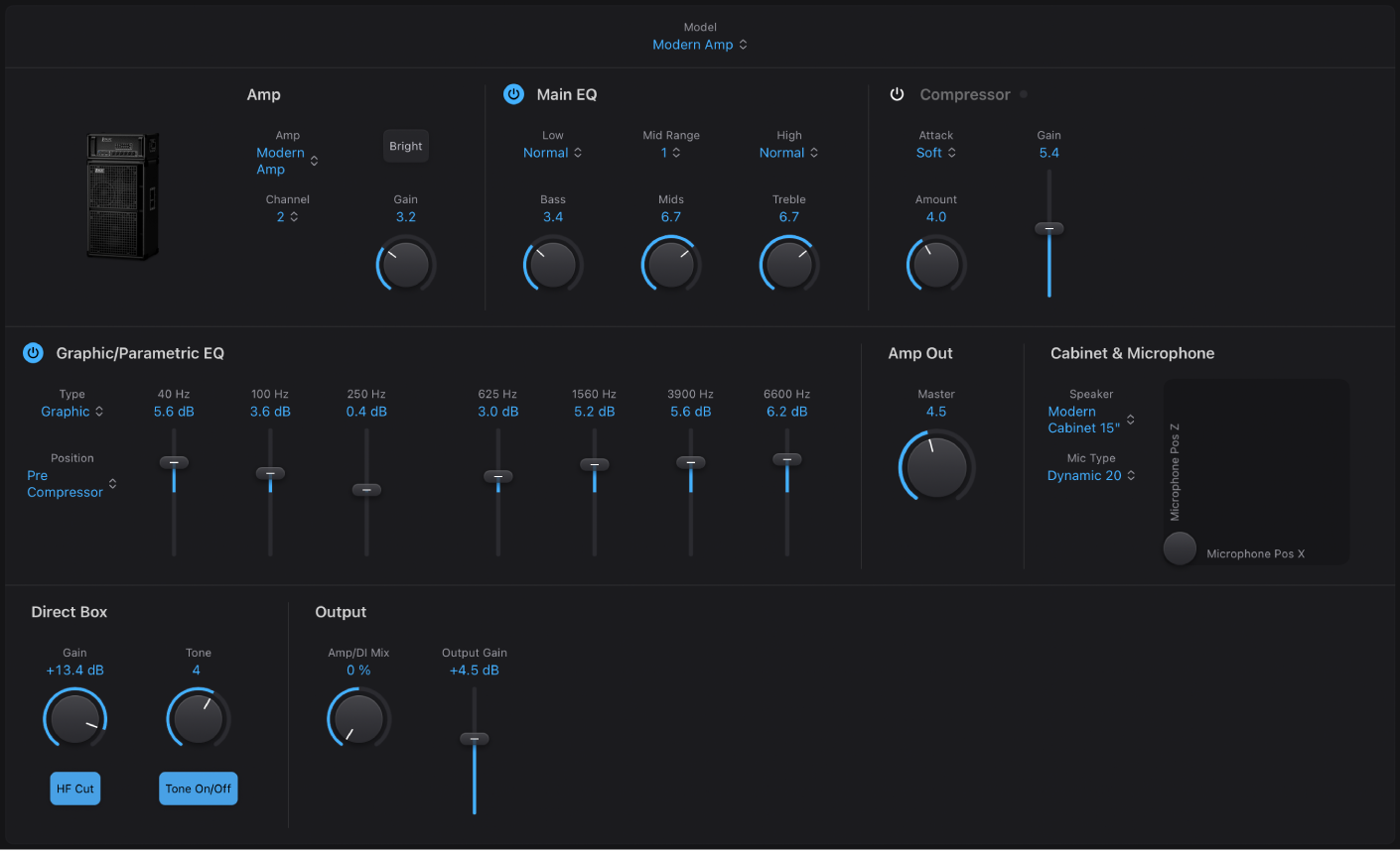Figure. Bass Amp Designer window, showing main interface areas.