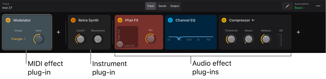 Figure. Plug-ins area showing MIDI effect, instrument, and audio effect plug-ins.