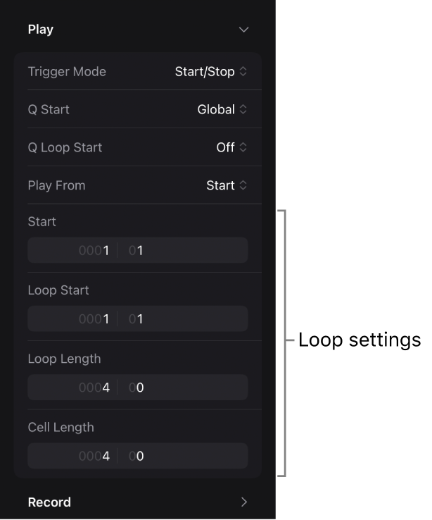Figure. Loop settings in the Cell inspector.