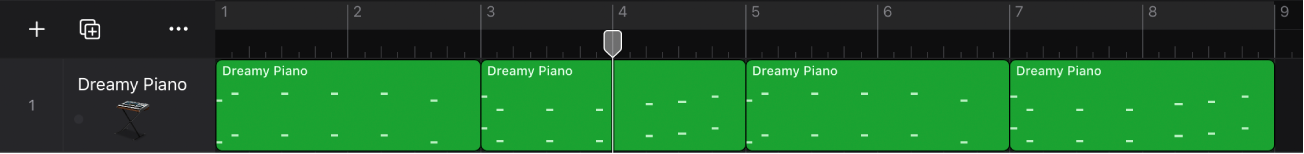 Figure. Top of Tracks area showing ruler, playhead, and regions.