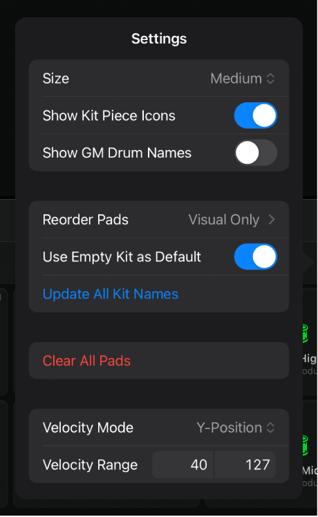 Drum Machine Designer surface settings.