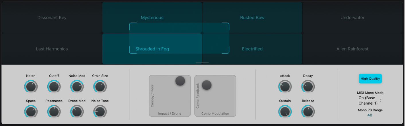 Ilustración. Sección de controles de interpretación, con el pad Transform, un conjunto de potenciómetros y los pads XY.