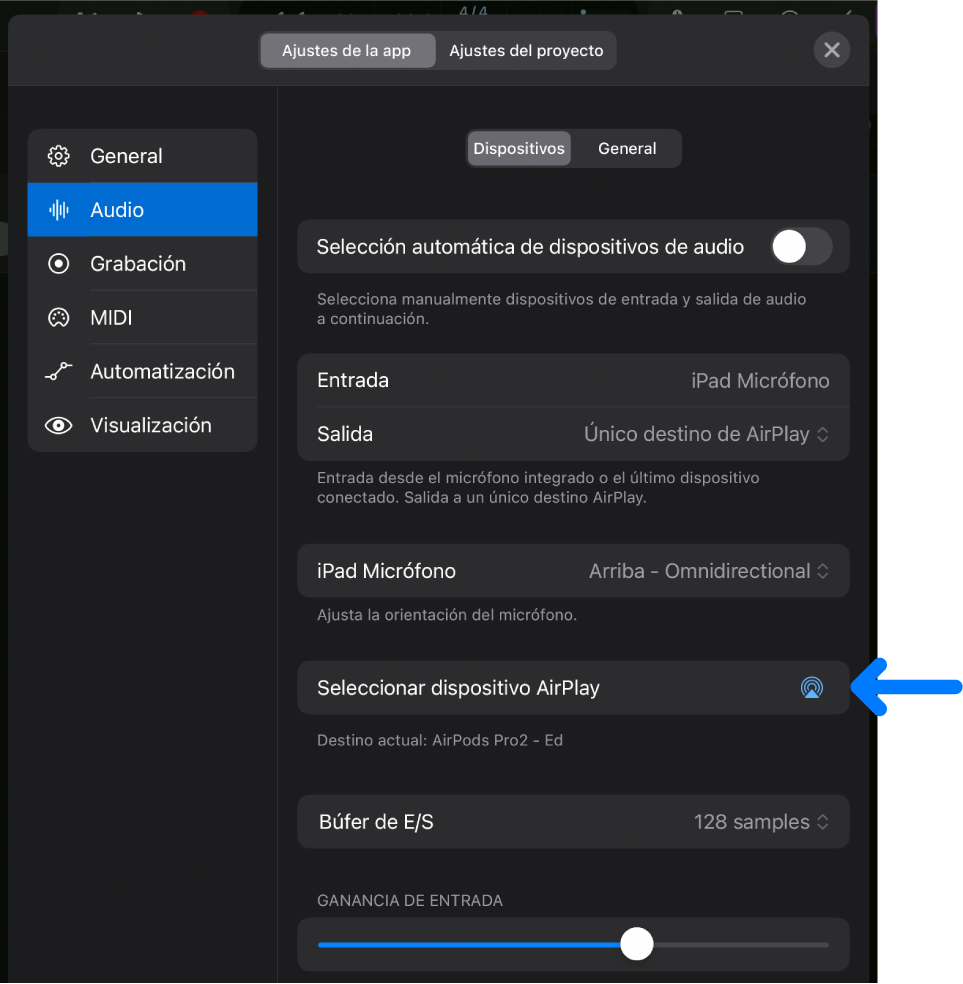 Ilustración. Pestaña Dispositivos de la página de ajustes Audio con el botón “Seleccionar dispositivo AirPlay”.