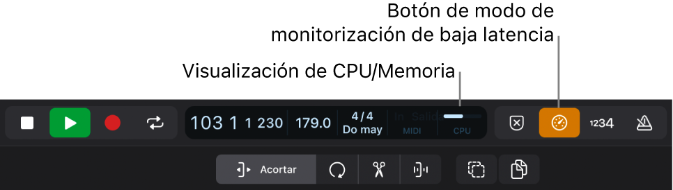 Ilustración. Pantalla de CPU y botón “Modo de monitorización de baja latencia”.