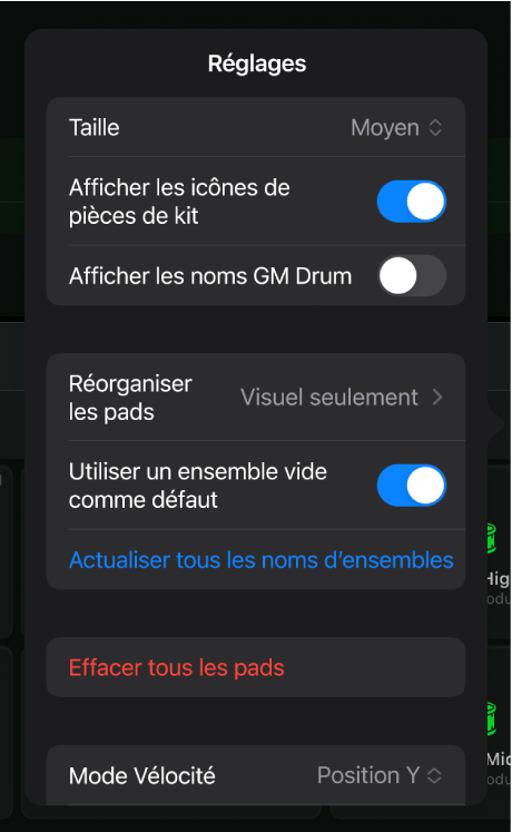 Réglages de surface de Drum Machine Designer.