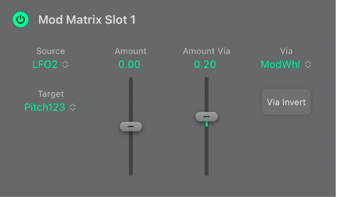 図。モジュレーションソース、Mod Matrixスロット1～10。