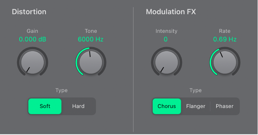 그림. Chorus, Flanger 및 Phaser 이펙트가 공유하는 강도 및 속도 컨트롤과 Distortion 파라미터를 보여주는 Effect Processing 섹션.