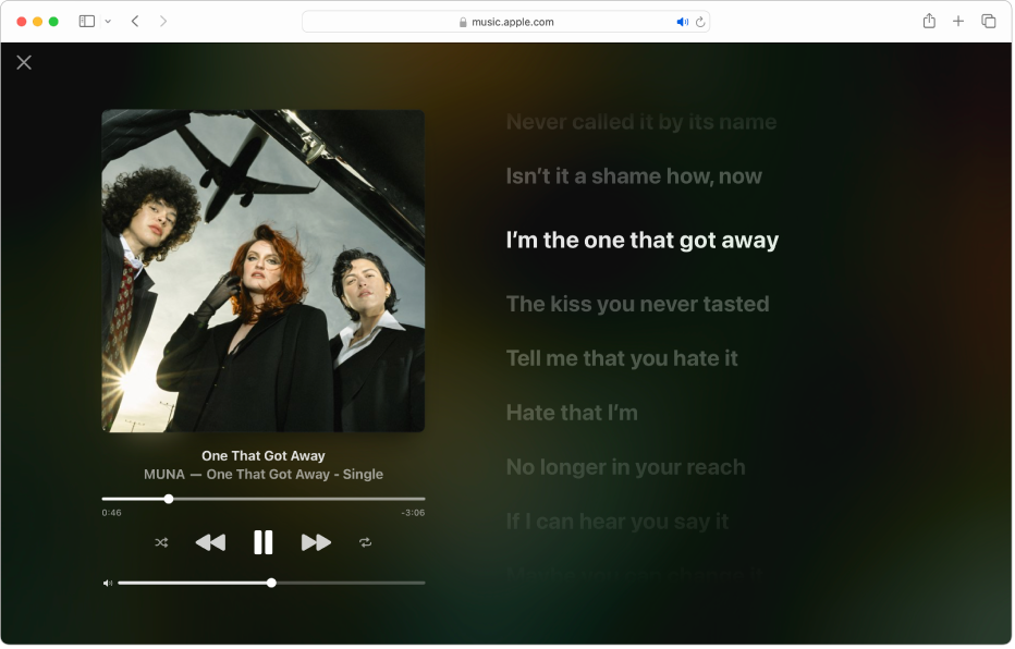 The Full Screen Player with a song playing and lyrics on the right, which appear onscreen in time with the music.
