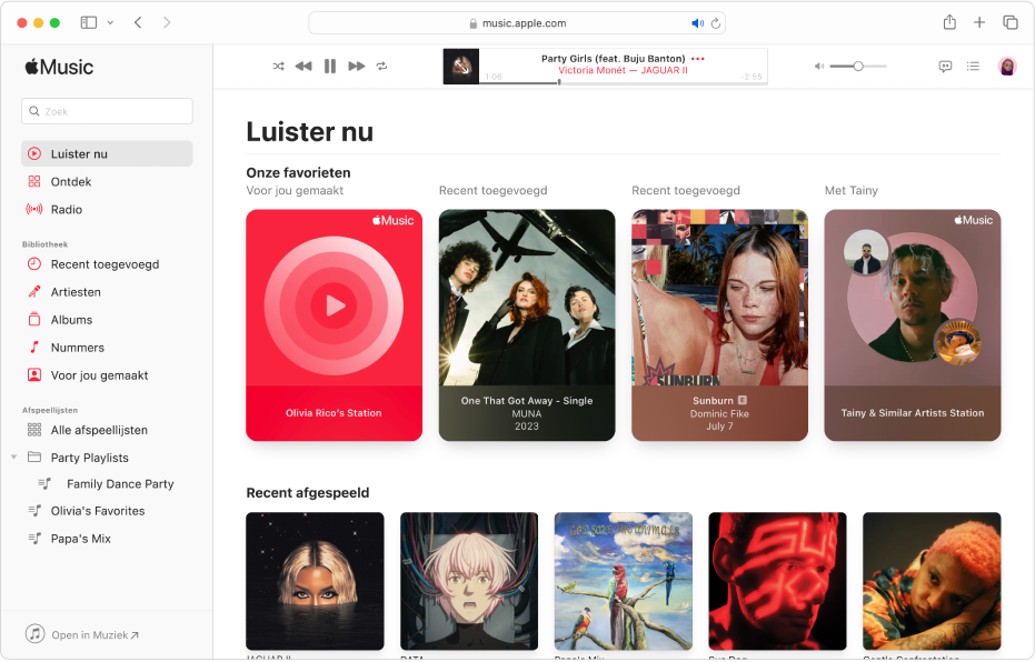 Het Apple Music-venster in Safari met 'Luister nu' actief.