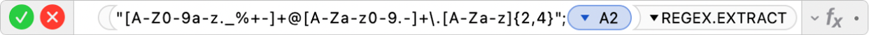 محرر الصيغ يعرض الصيغة ‎=REGEX.EXTRACT(A2‏;"[A-Z0-9a-z._%+-]+@[A-Za-z0-9.-]+\.[A-Za-z]{2‏;4}")‎
