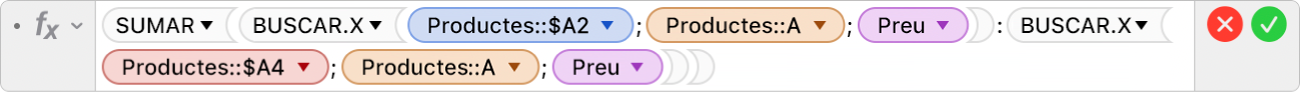 L'editor de fórmules mostra la fórmula =SUMAR(BUSCAR.X(Productes::$A2,Productes::A,Preu):BUSCAR.X(Productes::$A4,Productes::A,Preu)).