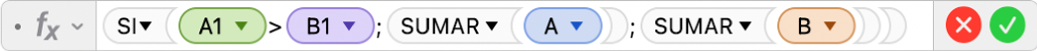 L'editor de fórmules mostra la fórmula =SI(A2>B2,SUMAR(A),SUMAR(B).