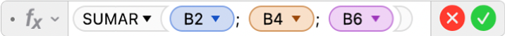 L'editor de fórmules mostra la fórmula =SUMAR(B2, B4, B6).