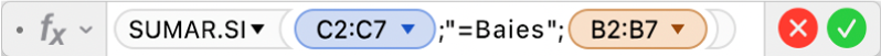 L'editor de fórmules mostra la fórmula =SUMAR.SI(C2:C7,"=Baies",B2:B7).