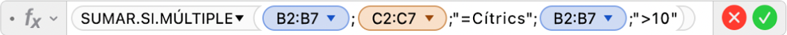L'editor de fórmules mostra la fórmula =SUMAR.SI.MÚLTIPLE(B2:B7,C2:C7,"=Cítrics",B2:B7,">10").