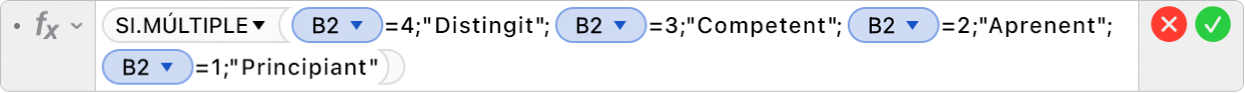 L'editor de fórmules mostra la fórmula =SI.MÚLTIPLE(B2=4,"Distingit",B2=3,"Competent",B2=2,"Aprenent",B2=1,"Principiant").