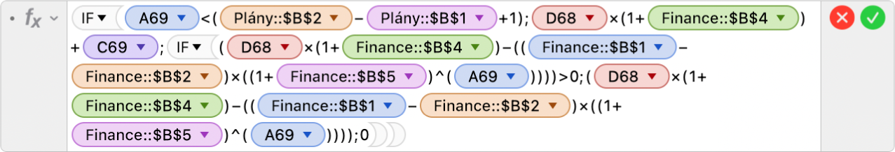 Editor vzorců, zobrazující podmínky a zástupné znaky (například < nebo ^), použité ve funkci IF.