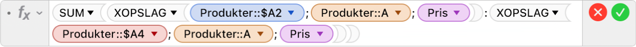 Formelværktøjet viser formlen =SUM(XOPSLAG(Produkter::$A2;Produkter::A;Pris):XOPSLAG(Produkter::$A4;Produkter::A;Pris)).