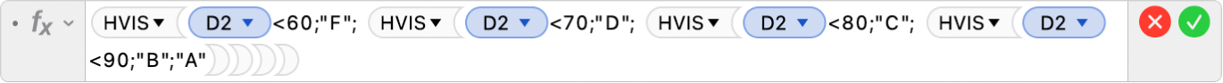 Formelværktøjet viser formlen =HVIS(D2<60;"F"; HVIS(D2<70;"D"; HVIS(D2<80;"C", HVIS(D2<90;"B";"A")))).
