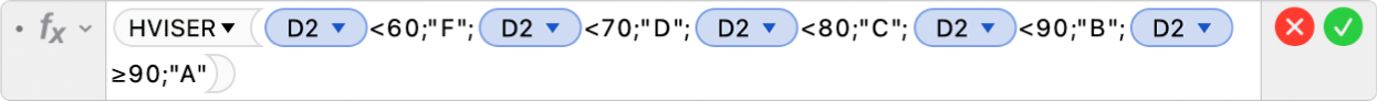 Formelværktøjet viser formlen =HVISER(D2<60;"F";D2<70;"D";D2<80;"C";D2<90;"B";D2≥90;"A").