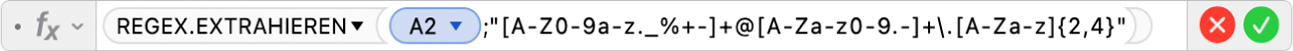 Der Formel-Editor mit der Formel =REGEX.EXTRAHIEREN(A2;"[A-Z0-9a-z._%+-]+@[A-Za-z0-9.-]+\.[A-Za-z]{2;4}")