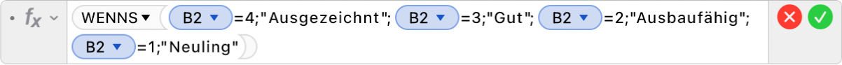 Der Formel-Editor mit der Formel =WENNS(B2=4;"Ausgezeichnet";B2=3;"Gut";B2=2;"Ausbaufähig";B2=1;"Neuling")