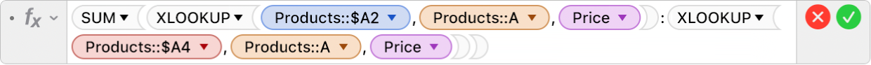 The formula editor showing the formula =SUM(XLOOKUP(Products::$A2,Products::A,Price):XLOOKUP(Products::$A4,Products::A,Price)).