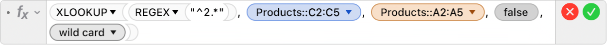 The formula editor showing the formula =XLOOKUP(REGEX("^2.*"), Products::C2:C5, Products::A2:A5, FALSE,2).