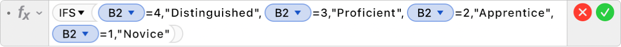 The Formula Editor showing the formula =IFS(B2=4,"Distinguished",B2=3,"Proficient",B2=2,"Apprentice",B2=1,"Novice").