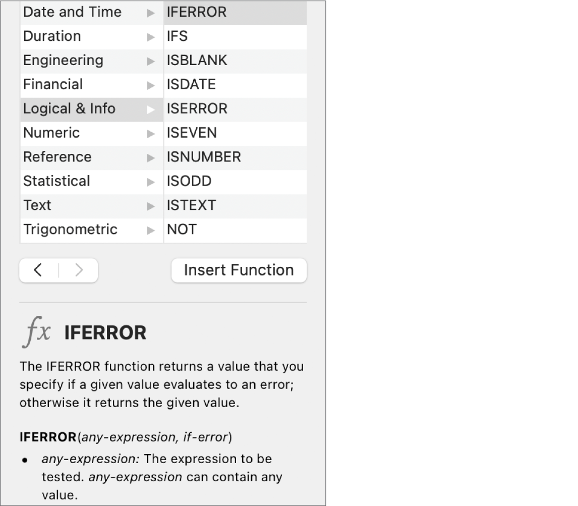 The Functions Browser showing information for the function IFERROR.