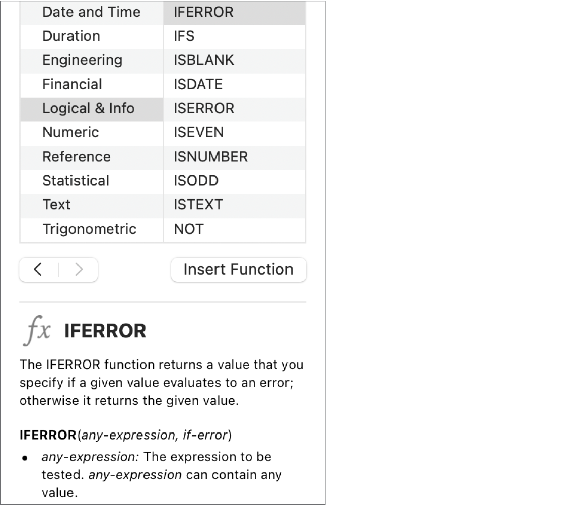 The Functions Browser showing information for the function IFERROR.