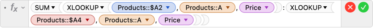 The formula editor showing the formula =SUM(XLOOKUP(Products::$A2,Products::A,Price):XLOOKUP(Products::$A4,Products::A,Price)).