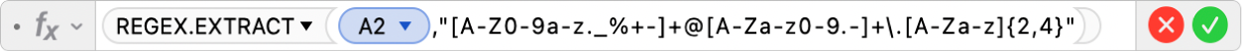 The Formula Editor showing the formula =REGEX.EXTRACT(A2,"[A-Z0-9a-z._%+-]+@[A-Za-z0-9.-]+\.[A-Za-z]{2,4}")